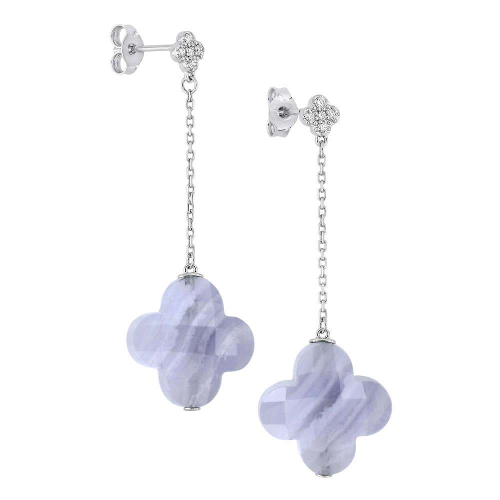 Boucles D'oreilles, Agate Bleue Dentelle, Diamants, Or Blanc
