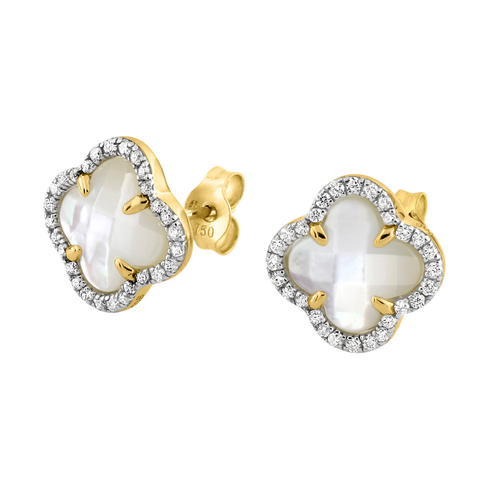 Puces D'oreilles, Nacre Blanche, Diamants, Or Jaune
