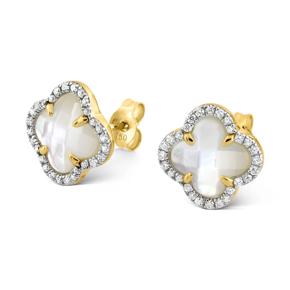 Puces D'oreilles, Nacre Blanche, Diamants, Or Jaune - Bijouterie Aurea｜Morges