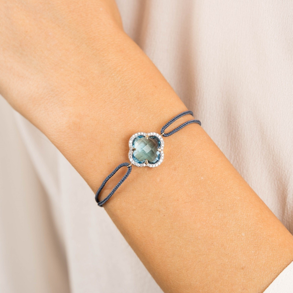 Bracelet, Topaze Swiss Blue, Diamants, Cordon Blue Jean, Or Jaune