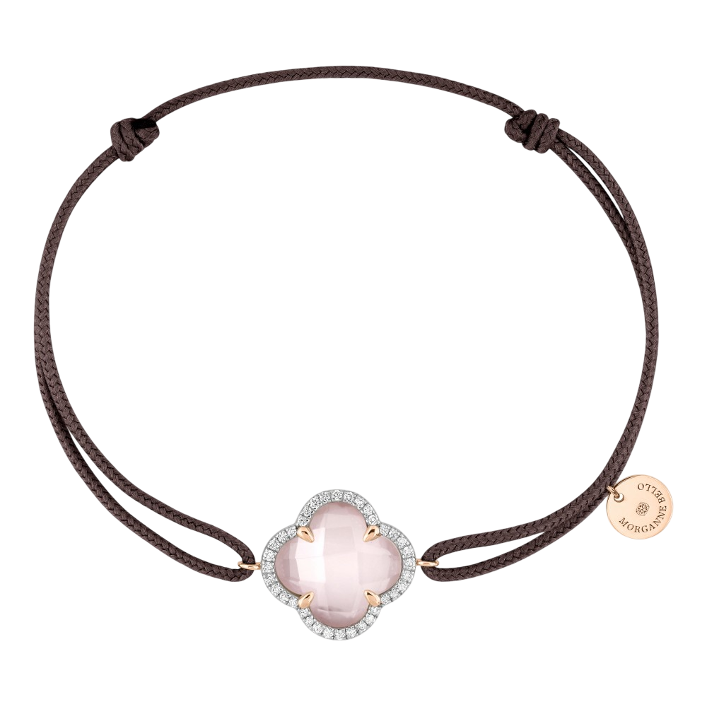 Bracelet, Quartz Rose Milky, Diamants, Cordon Taupe, Or Rose