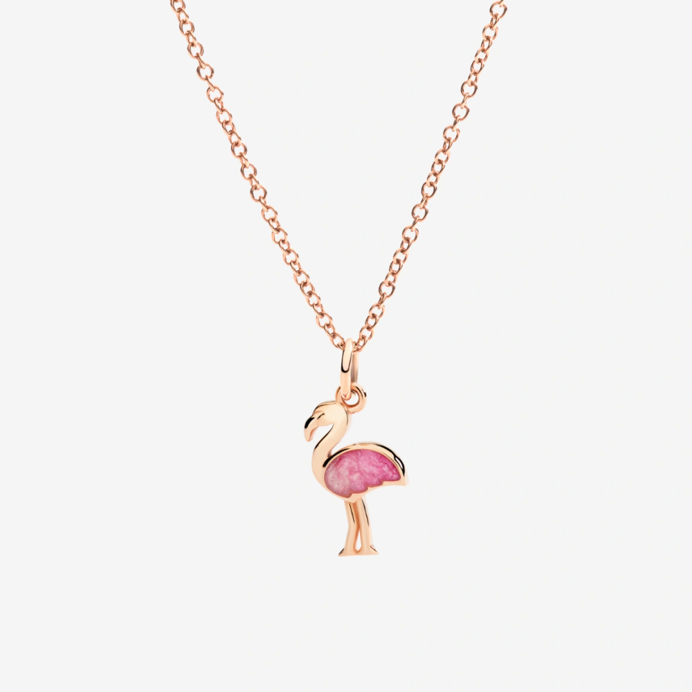 Pendentif Flamant Rose Or Rose Et Émail