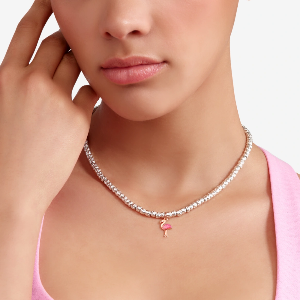 Pendentif Flamant Rose Or Rose Et Émail