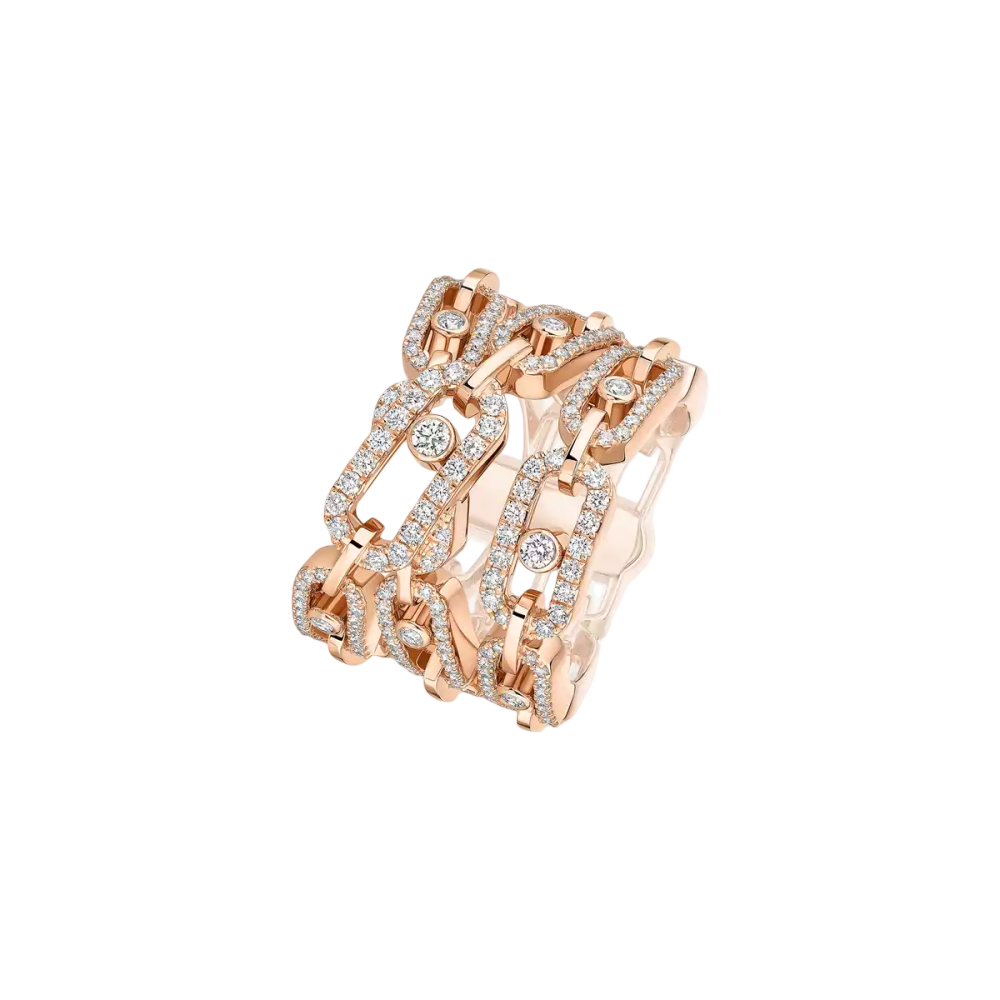 Bague trois rangs Move Link Bague trois rangs Move Link en or rose 18 carats, ornée de motifs sertis de diamants taille brillant et d'un diamant mobile en leur centre.