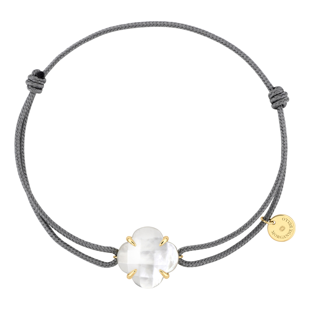 Bracelet, Nacre Blanche, Cordon Gris, Or Jaune