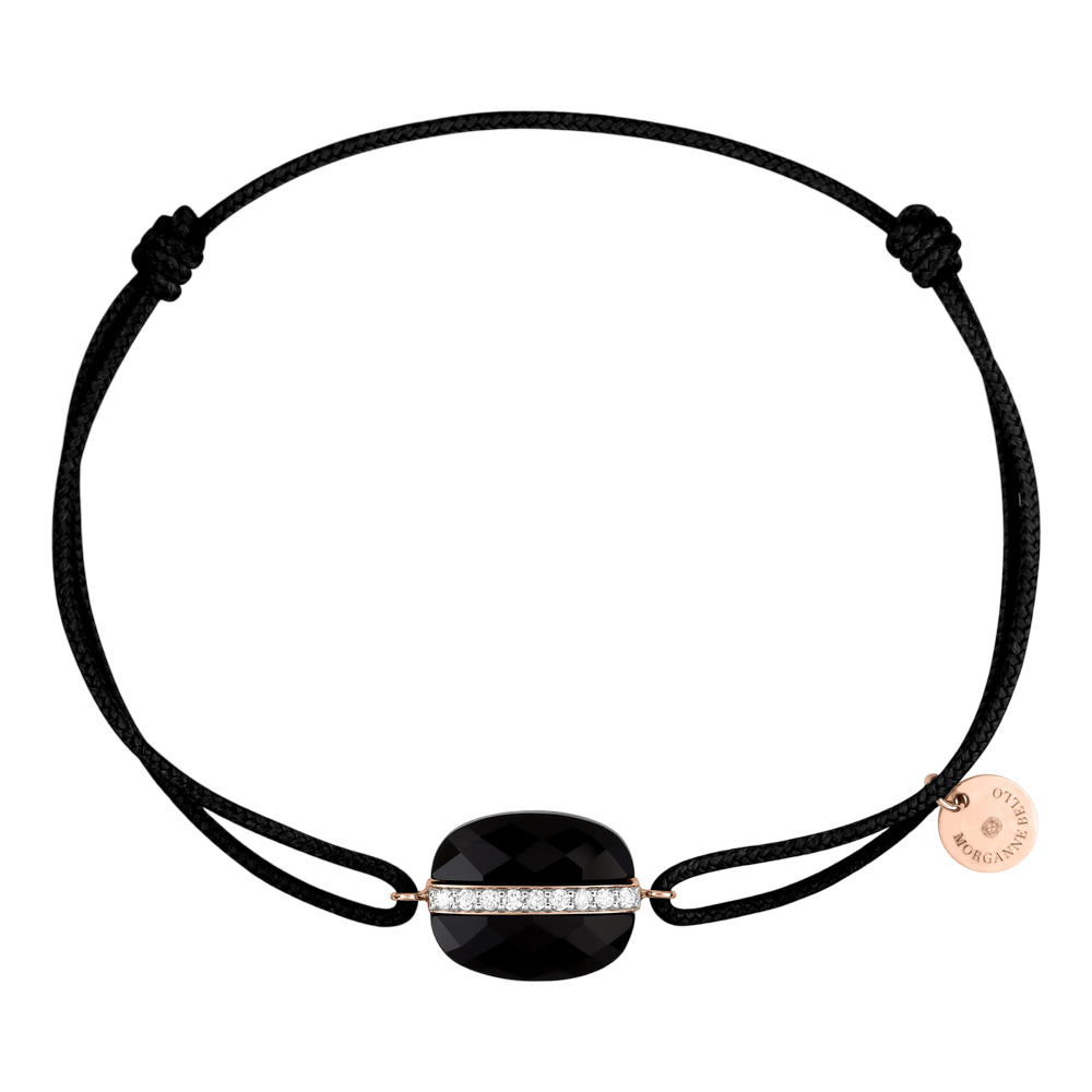 Bracelet, Onyx Coussin, Diamants, Cordon Noir, Or Rose