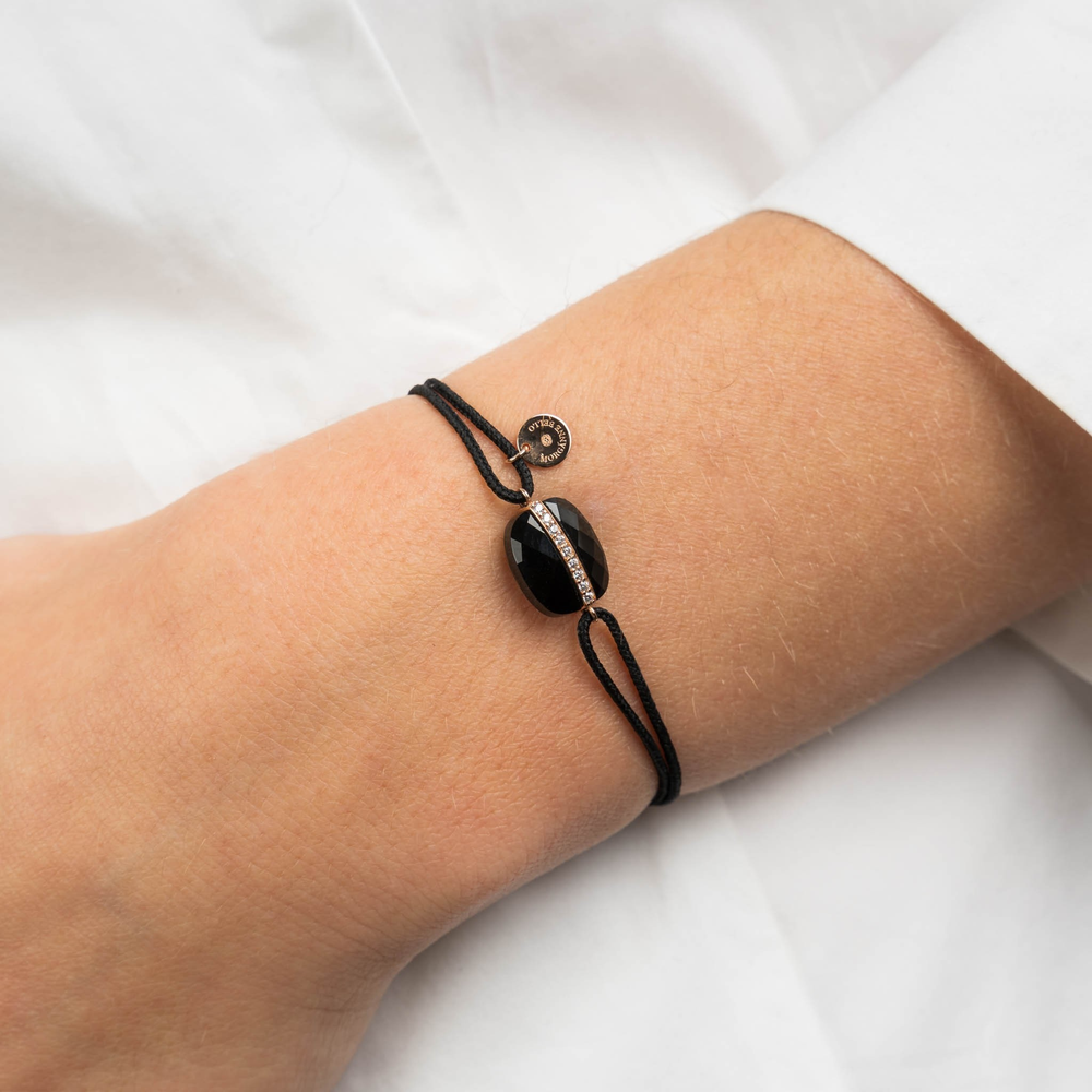 Bracelet, Onyx Coussin, Diamants, Cordon Noir, Or Rose