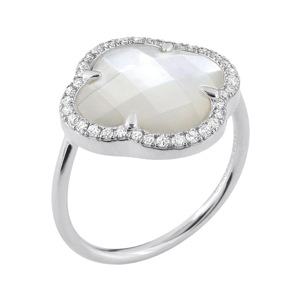 Bague, Nacre Blanche Grand Modèle, Diamants, Or Blanc