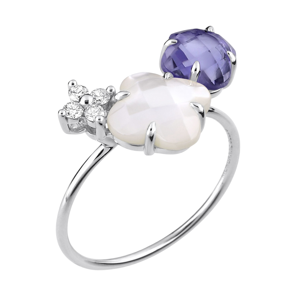 Bague, Iolite, Diamants, Nacre Blanche, Or Blanc