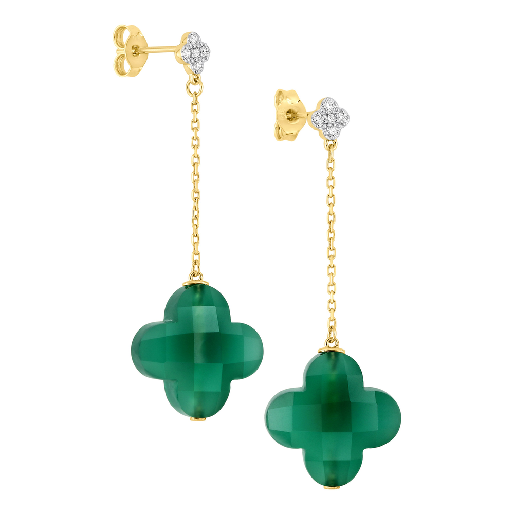Boucles D'oreilles, Agate Verte, Diamants, Or Jaune