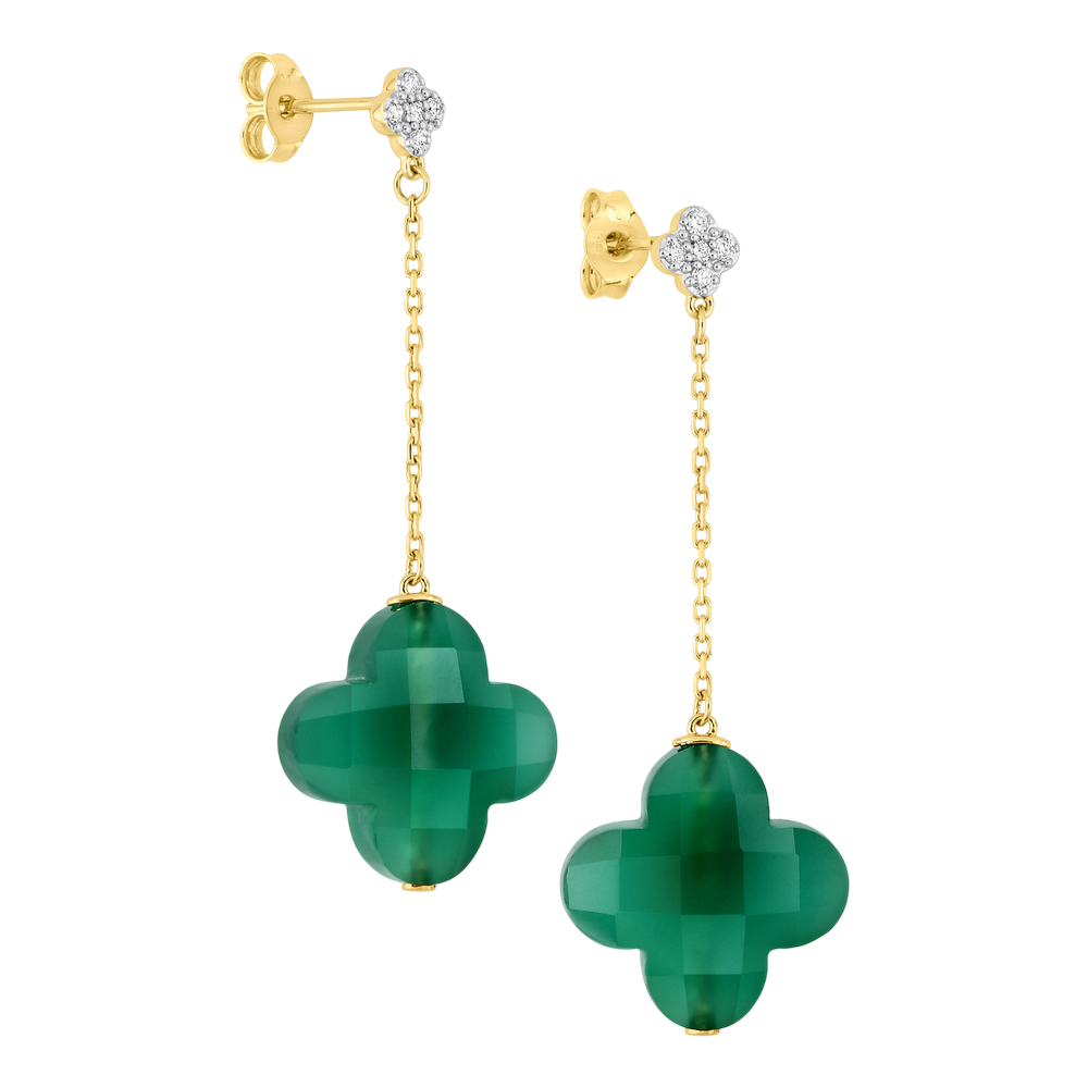 Boucles D'oreilles, Agate Verte, Diamants, Or Jaune