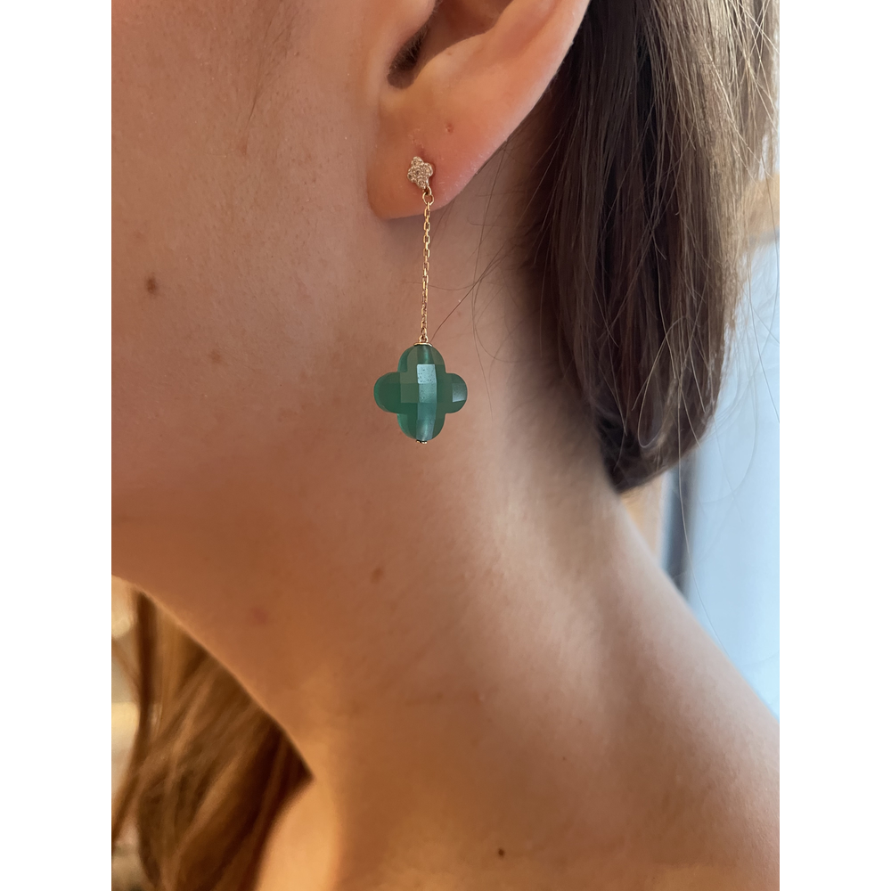 Boucles D'oreilles, Agate Verte, Diamants, Or Jaune