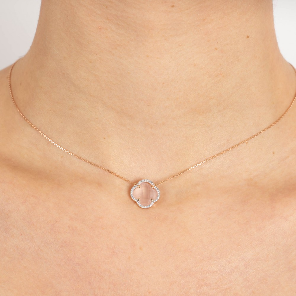 Collier, Quartz Rose Milky, Diamants, Or Rose