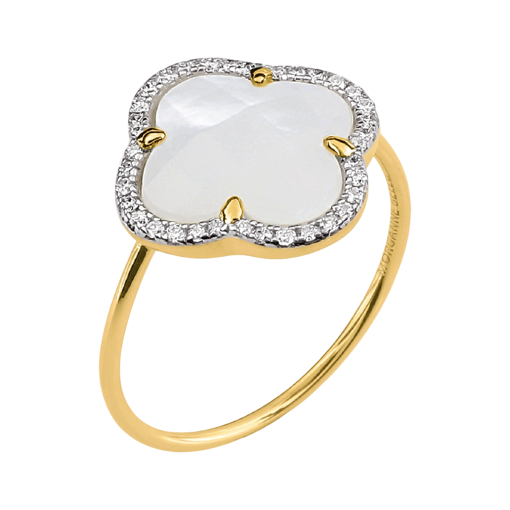 Bague, Nacre Blanche, Diamants, Or Jaune
