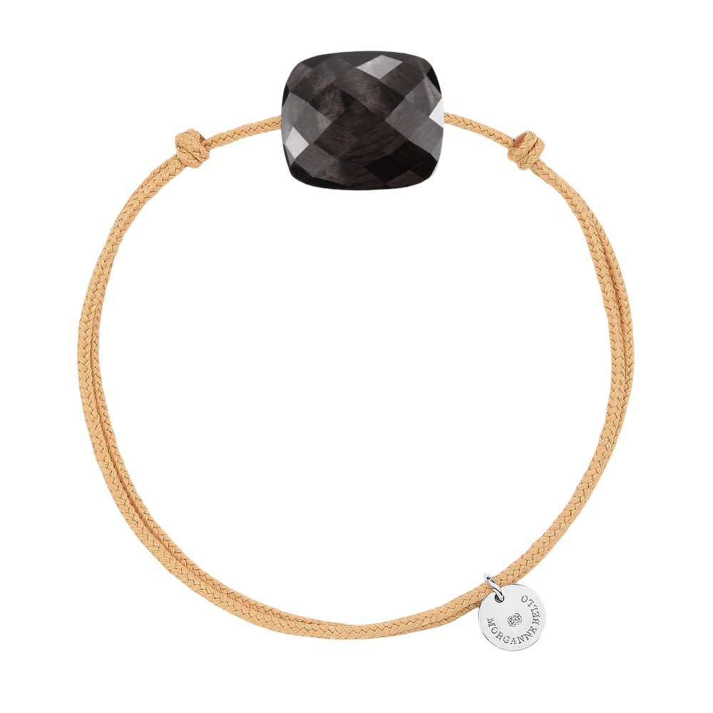 Bracelet, Pierre De Lune Hypersthène, Cordon Beige Dore