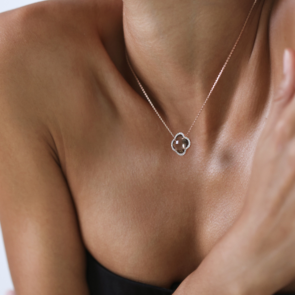 Collier, Quartz Fume Grand Modèle, Diamants, Or Rose