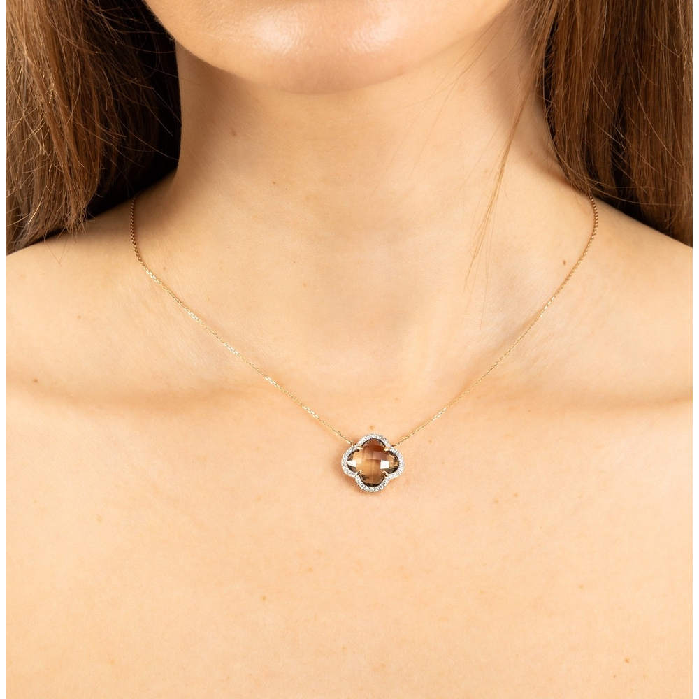 Collier, Quartz Fume Grand Modèle, Diamants, Or Rose