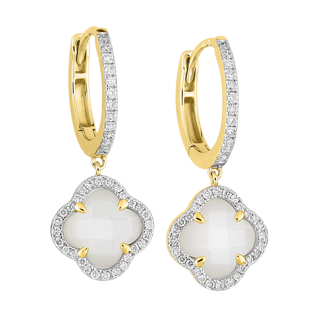 Boucles D'oreilles, Nacre Blanche, Diamants, Or Jaune