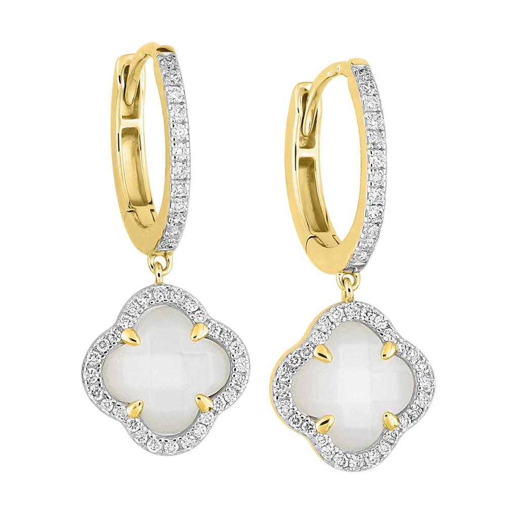Boucles D'oreilles, Nacre Blanche, Diamants, Or Jaune