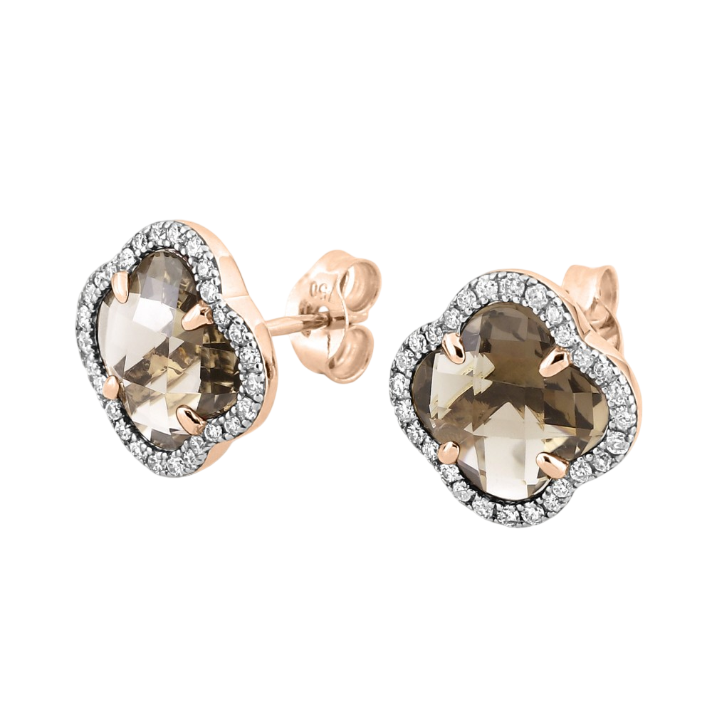 Puces D'oreilles, Quartz Fume, Diamants, Or Rose