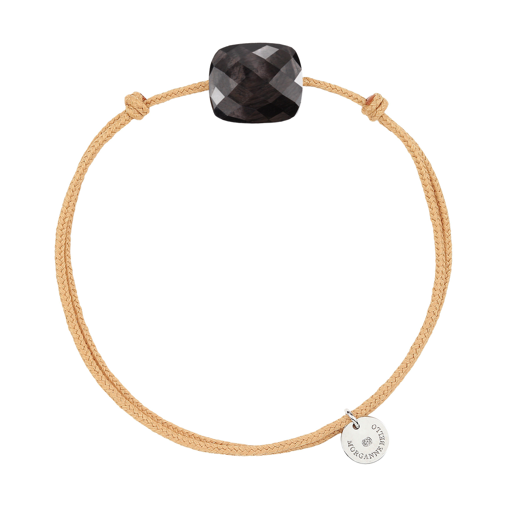 Bracelet, Pierre De Lune Hypersthene, Cordon Beige Dore