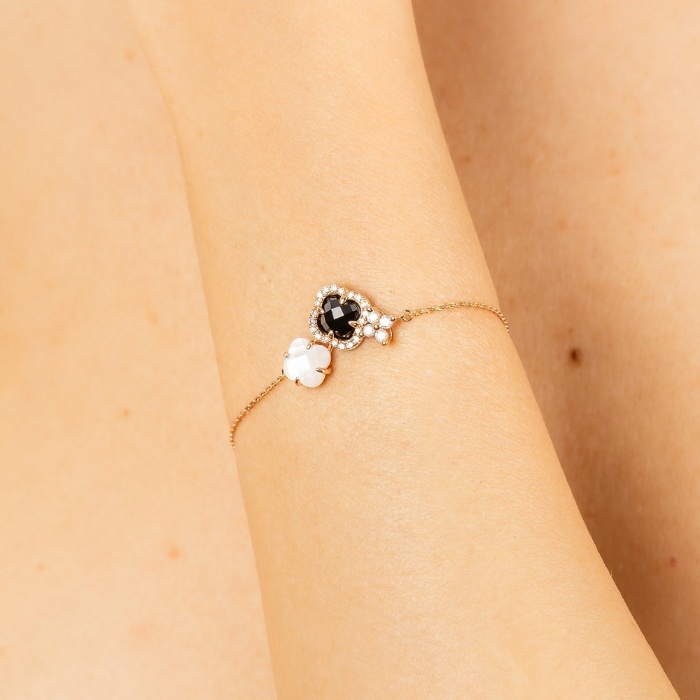 Bracelet, Onyx, Nacre Blanche, Diamants, Or Rose