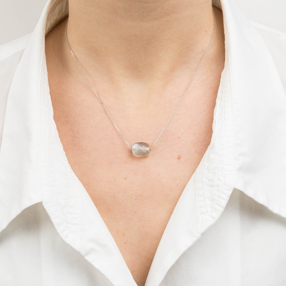 Collier, Pierre De Lune Grise, Or Blanc