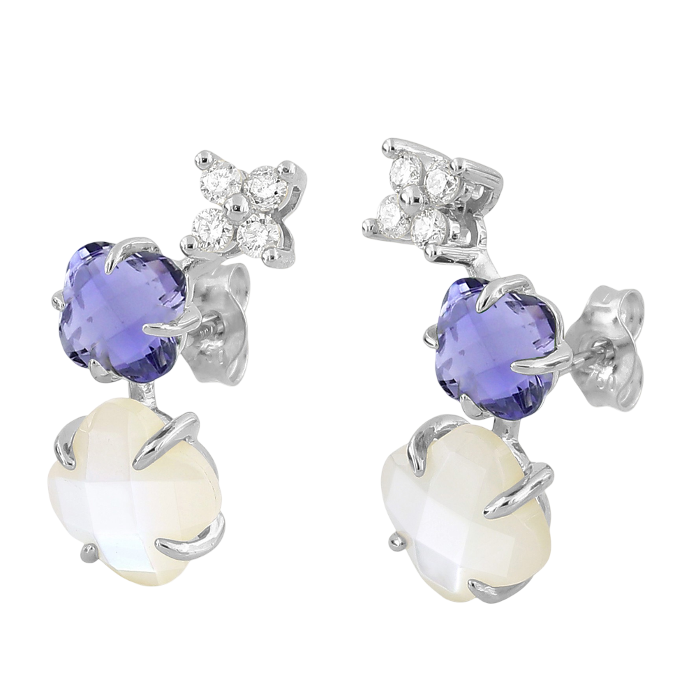 Boucles D'oreilles, Nacre Blanche, Iolite, Diamants, Or Blanc