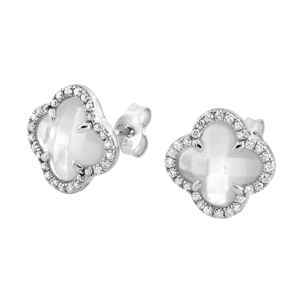 Puces D'oreilles, Nacre Blanche, Diamants, Or Blanc