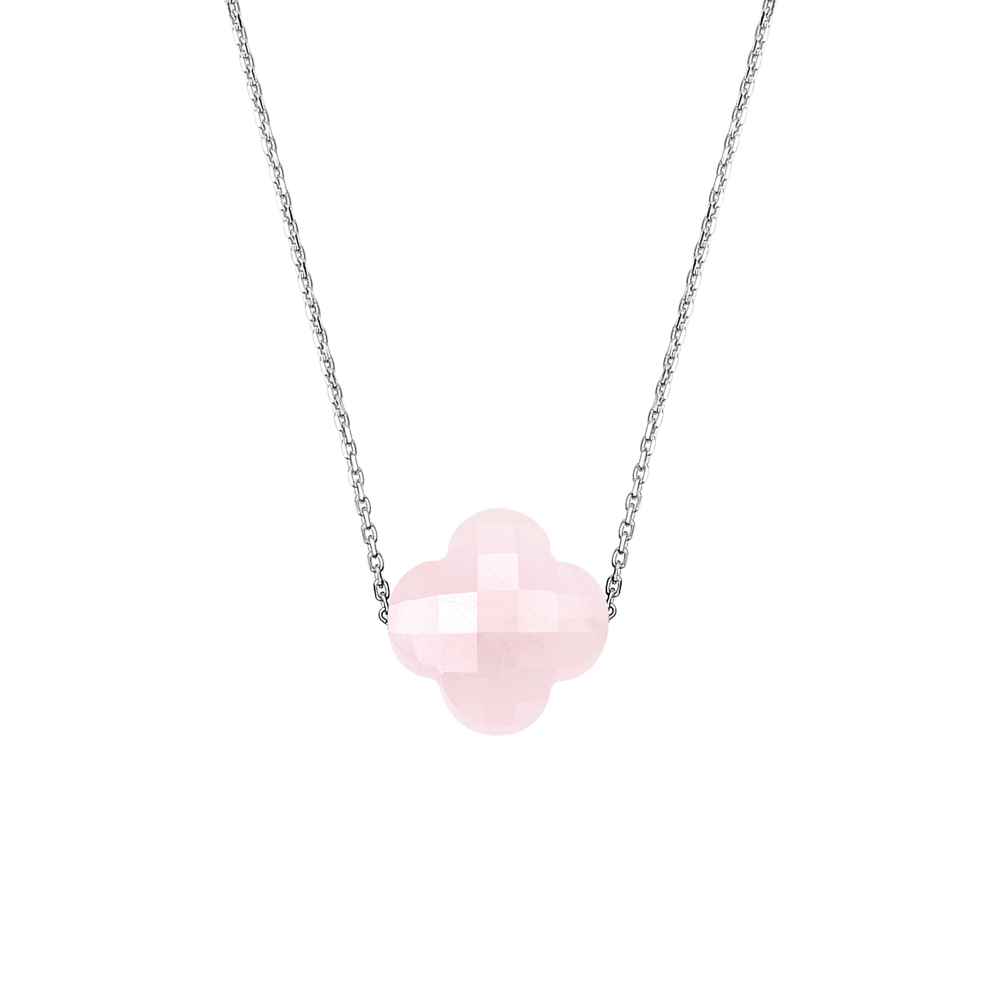 Collier, Quartz Rose Poudre, Or Blanc