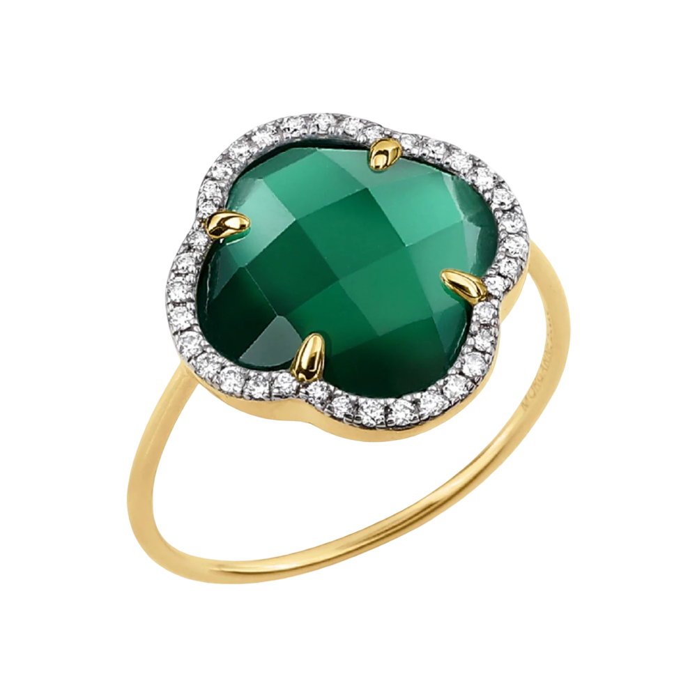 Bague, Agate Verte, Diamants, Or Jaune