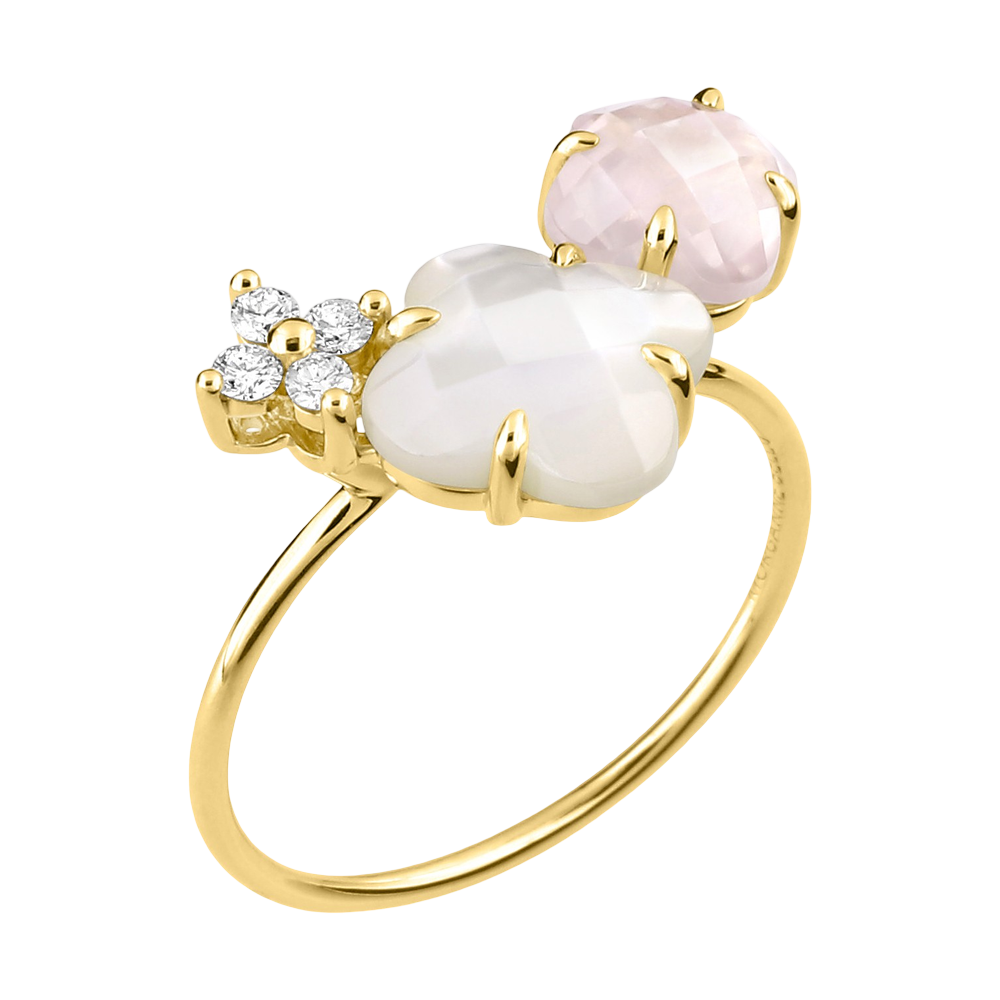 Bague, Quartz Rose, Diamants, Nacre Blanche, Or Jaune