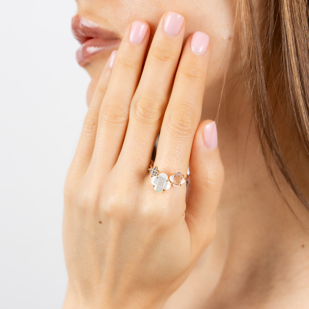Bague, Quartz Rose, Diamants, Nacre Blanche, Or Jaune