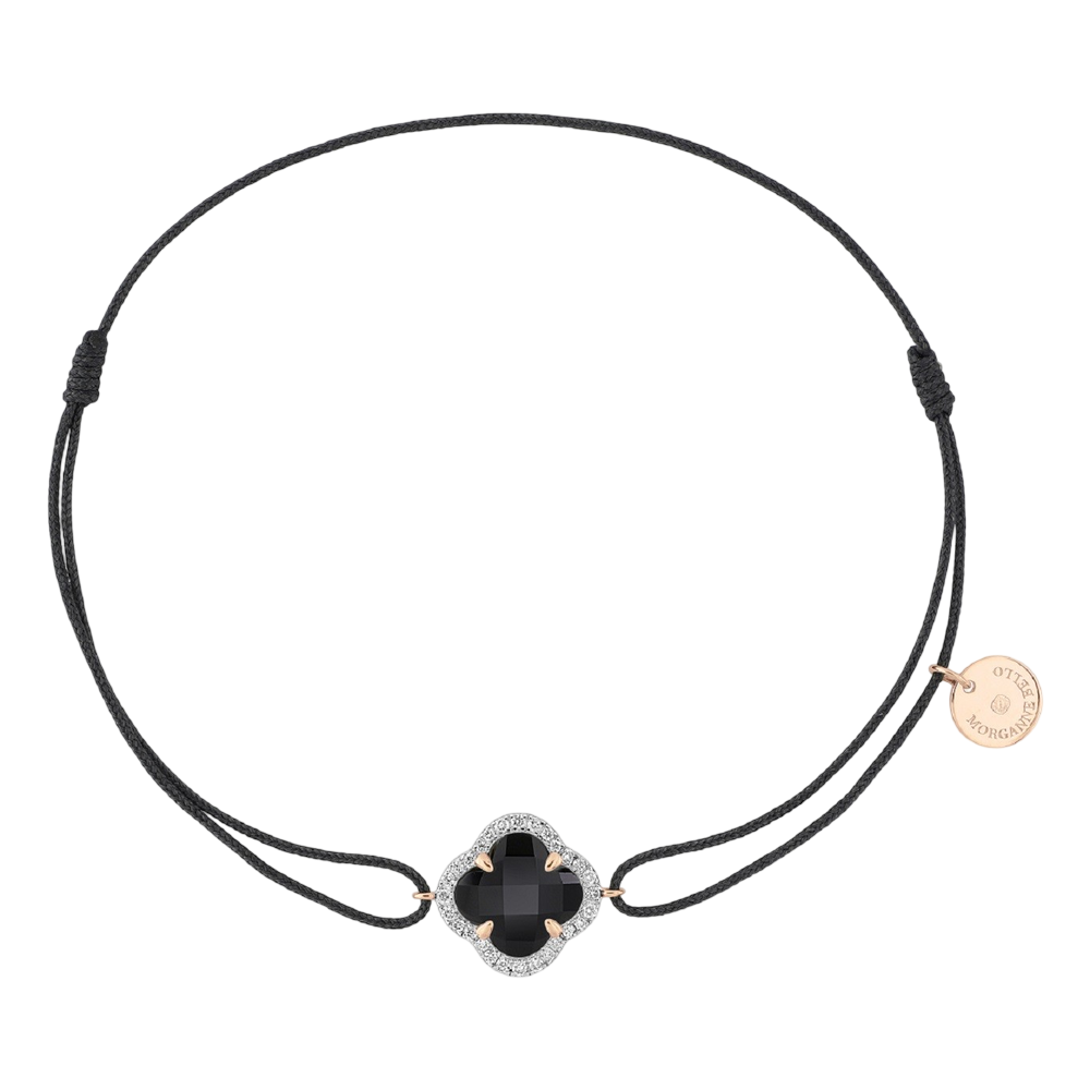 Bracelet, Onyx, Diamants, Cordon Gris, Or Rose