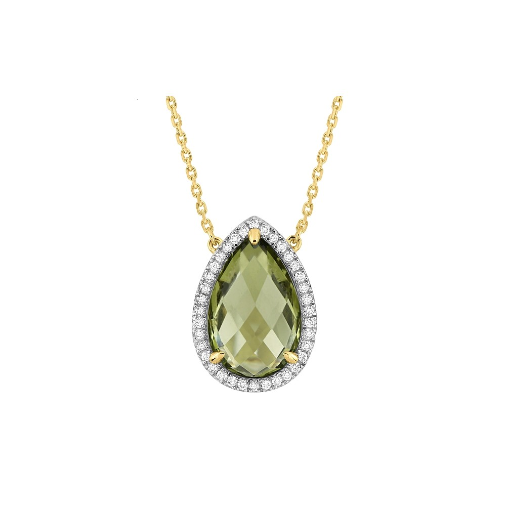 Collier, Quartz Olive, Diamants, Or Jaune