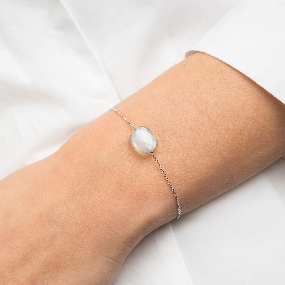 Bracelet, Pierre De Lune Grise, Or Blanc
