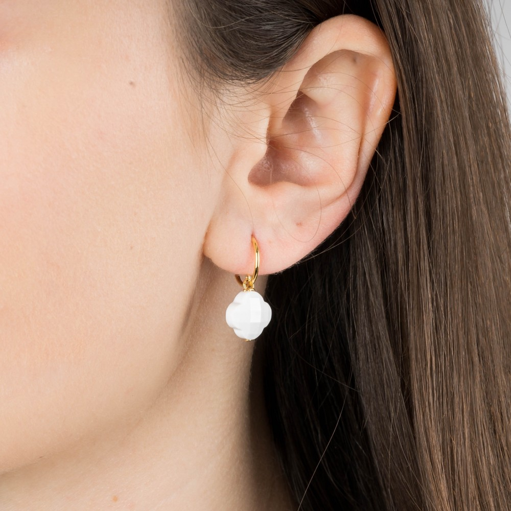 Boucles D'oreilles, Agate Blanche, Or Jaune