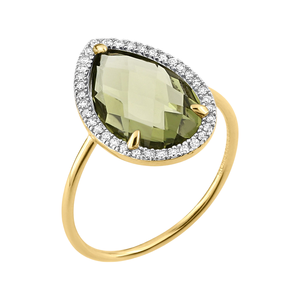 Bague, Quartz Olive, Diamants, Or Jaune