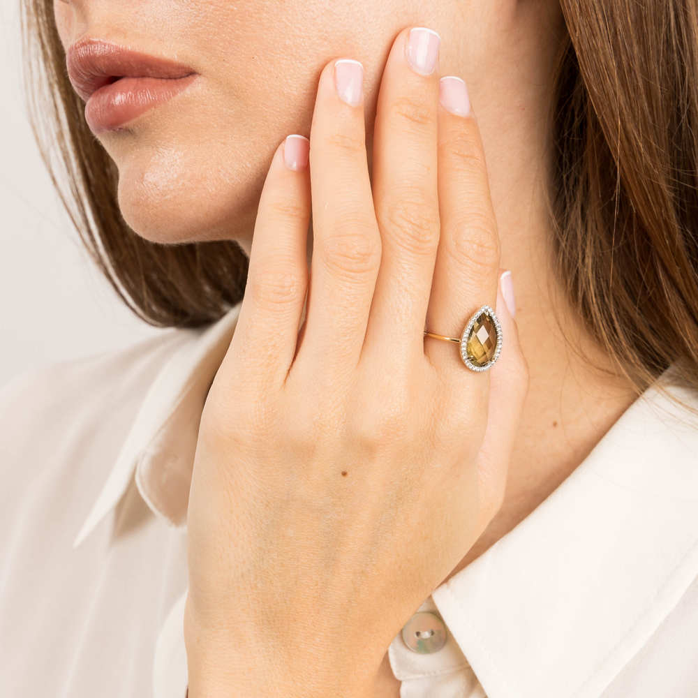 Bague, Quartz Olive, Diamants, Or Jaune