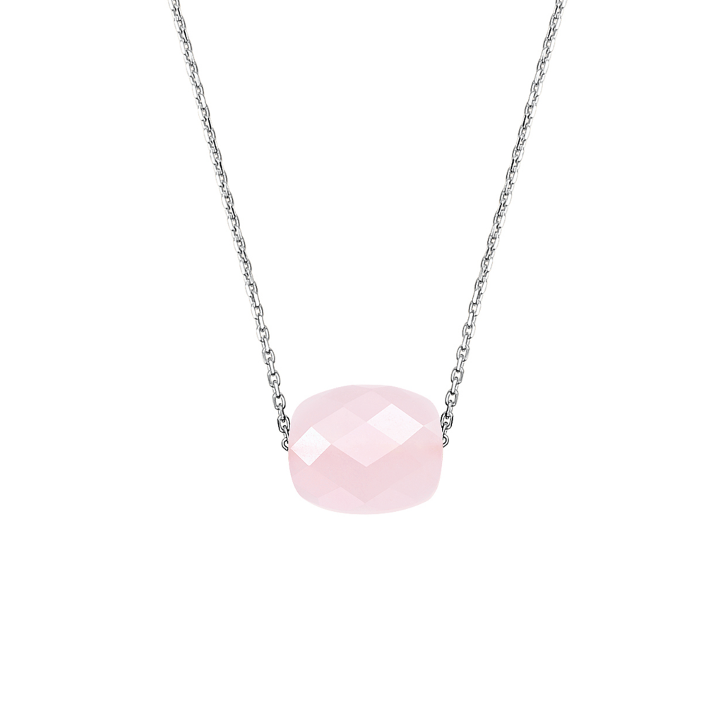 Collier, Quartz Rose Poudre, Or Blanc