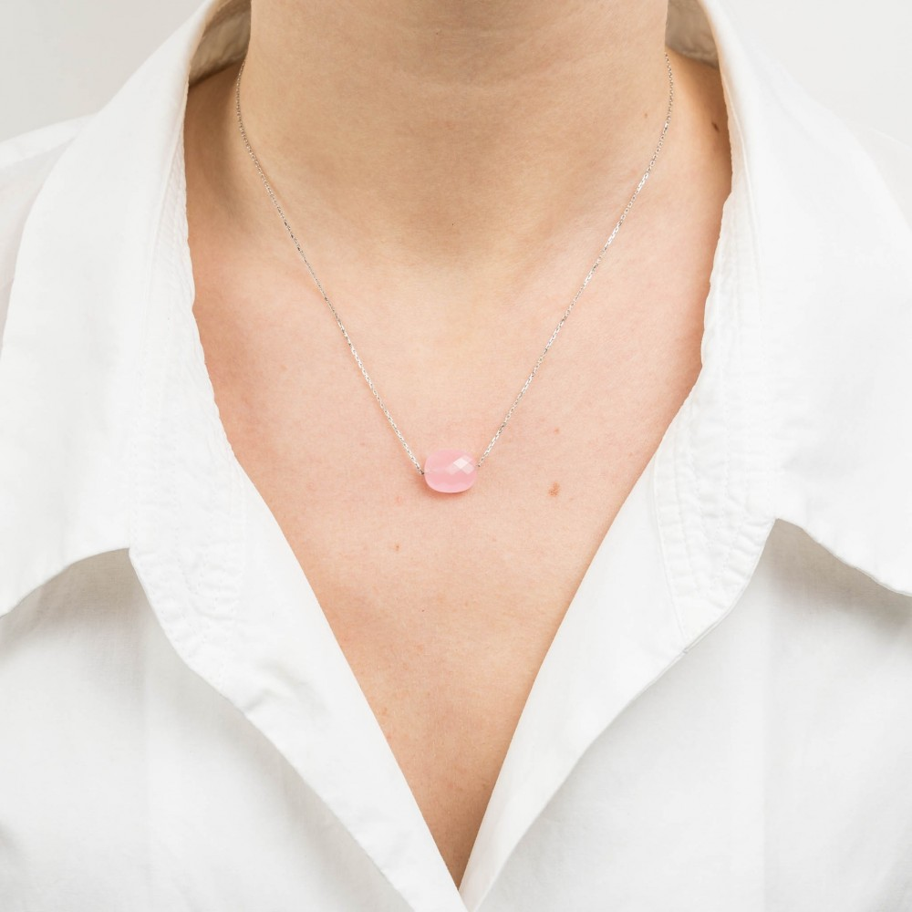 Collier, Quartz Rose Poudre, Or Blanc