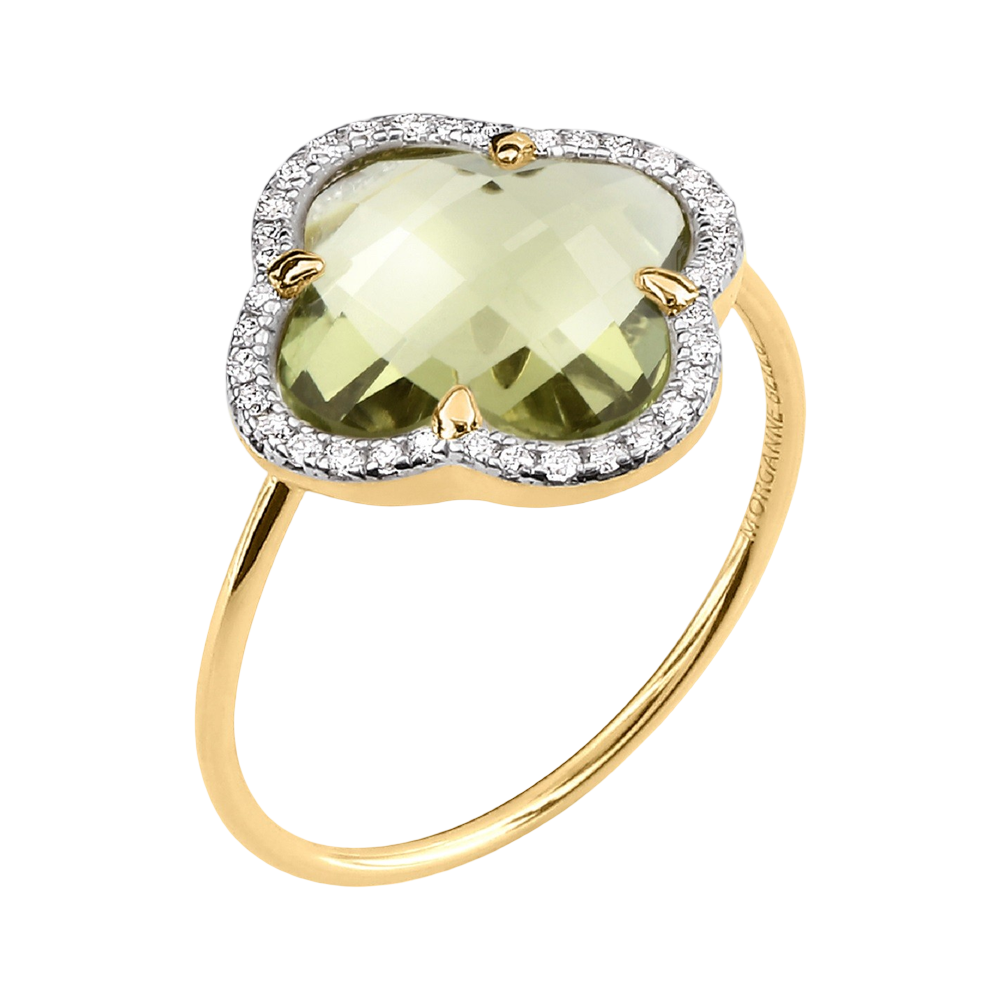 Bague, Quartz Olive, Diamants, Or Jaune