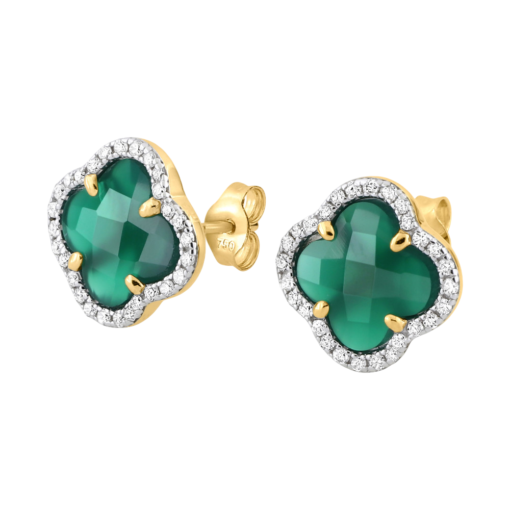 Puces D'oreilles, Agate Verte, Diamants, Or Jaune
