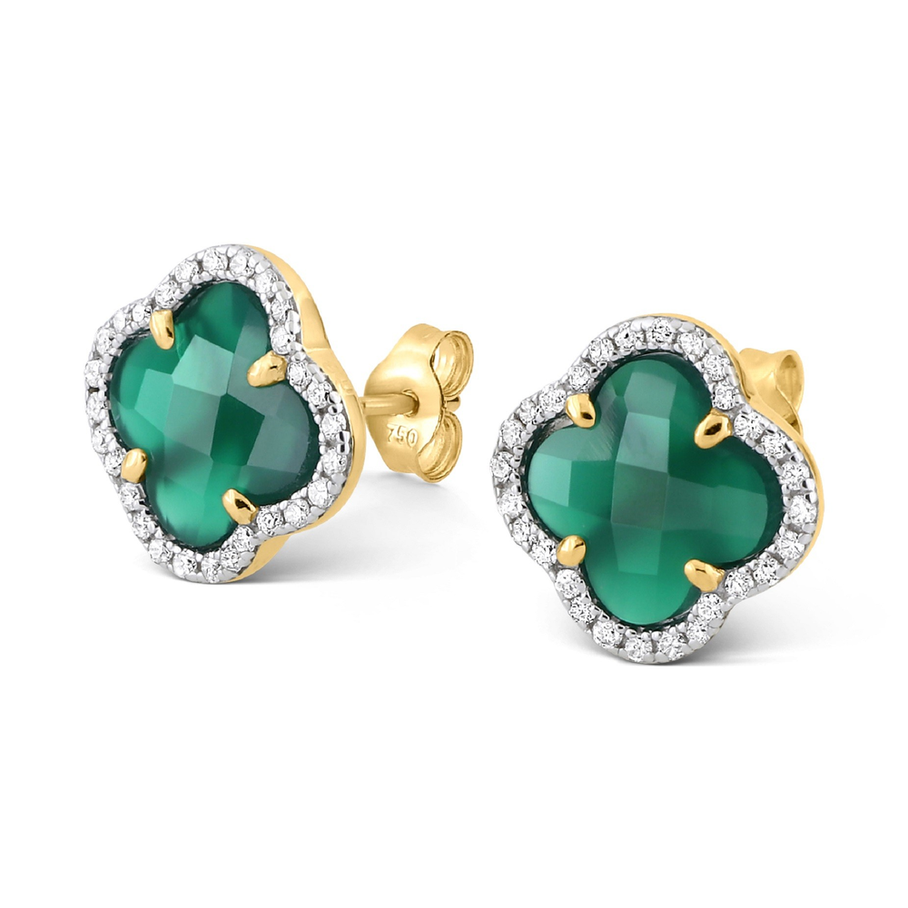 Puces D'oreilles, Agate Verte, Diamants, Or Jaune