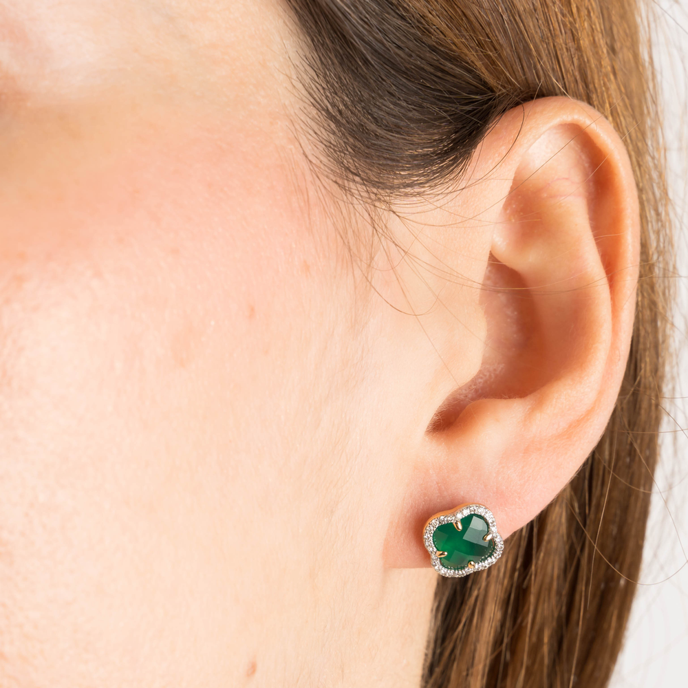 Puces D'oreilles, Agate Verte, Diamants, Or Jaune
