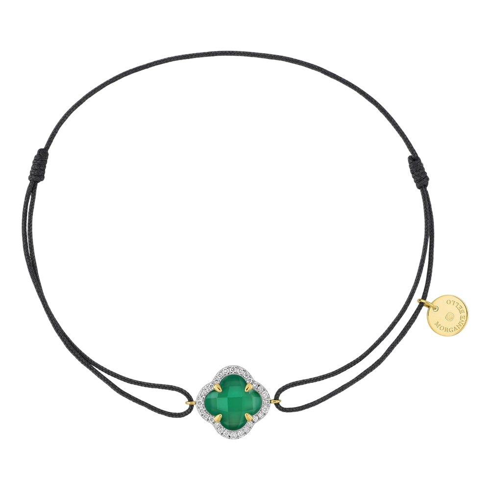 Bracelet, Mini Agate Verte, Diamants, Cordon Gris, Or Jaune