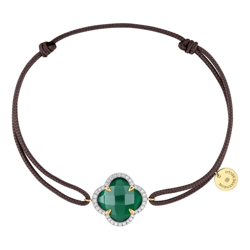 Bracelet, Agate Verte, Diamants, Cordon Chocolat, Or Jaune
