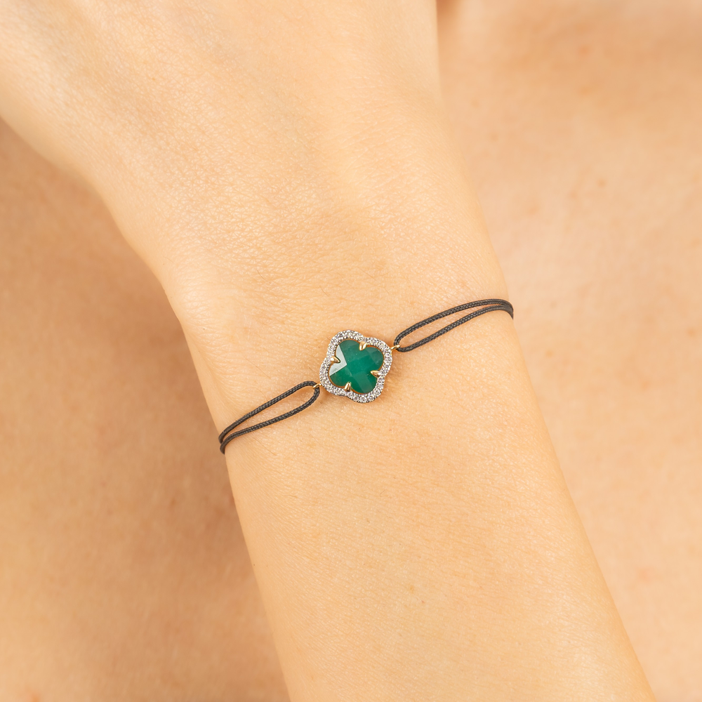 Bracelet, Agate Verte, Diamants, Cordon Chocolat, Or Jaune
