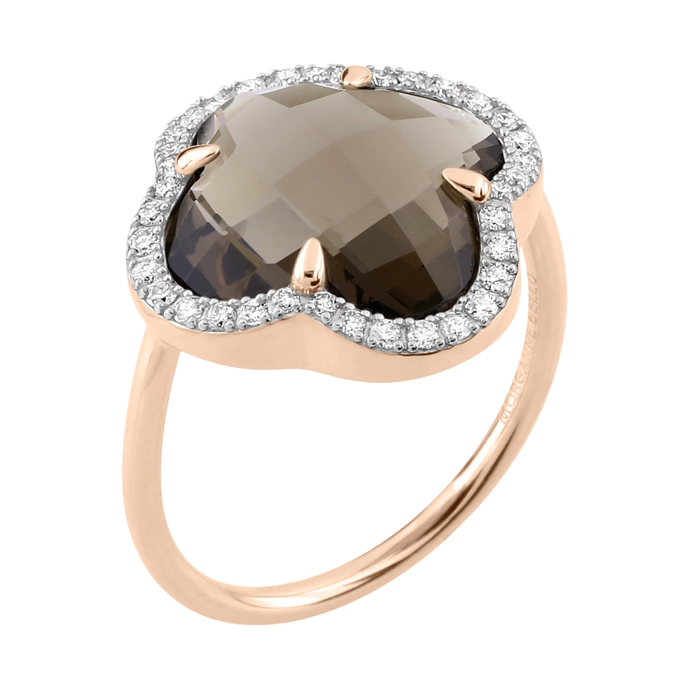 Bague, Quartz Fume Grand Modèle, Diamants, Or Rose
