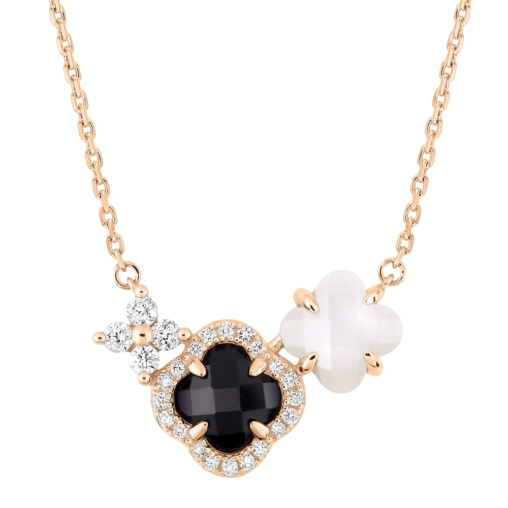 Collier, Onyx, Nacre Blanches, Diamants, Or Rose